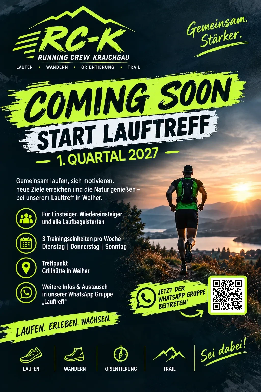 Flyer: Coming soon – Start Lauftreff 1. Quartal 2027, Dienstag, Donnerstag und Sonntag, Treffpunkt Grillhütte in Weiher, QR-Code zur WhatsApp-Gruppe